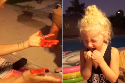 Little girl screams in terror at her mom’s bloody prank