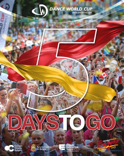 5 DAYS TO GO until the Dance World Cup 2025 World Finals in Burgos, Spain! 🌍🏆 The stage is nearly set. Dancers from across the world are preparing to showcase months of hard work, passion, and artistry. From breathtaking routines to unforgettable moments—get ready for 10 days of celebrating the very best in dance. And don’t miss the Opening Ceremony and Parade, a spectacular celebration of unity and culture that will bring the city of Burgos to life. 3–12 July | Forum Evolución - Burgos, Spain