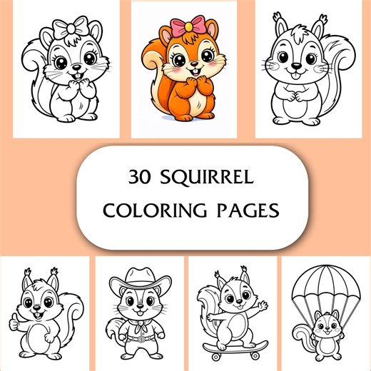 30 Kawaii Squirrel Coloring Pages, Kids' Animal Line Art (PDF Download) - Etsy