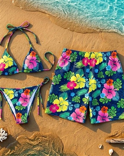 Matching Couple Swimsuits Hibiscus Flower, Navy Blue Hawaiian Bathing Suits, Tropical Floral Bikini and Swim Trunks, Couple Outfit - Etsy