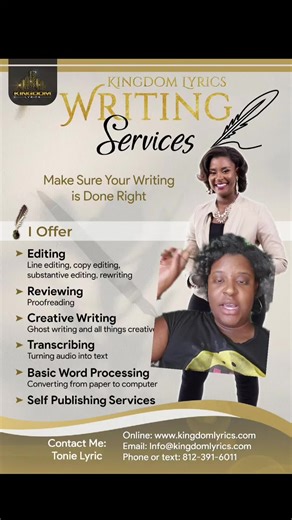 Let's get that book out of your mind, out of your notebooks, off your computer and into your hands! Go to kingdomlyrics.com TODAY and schedule your FREE consultation so we can get started! ✍️🏾📚