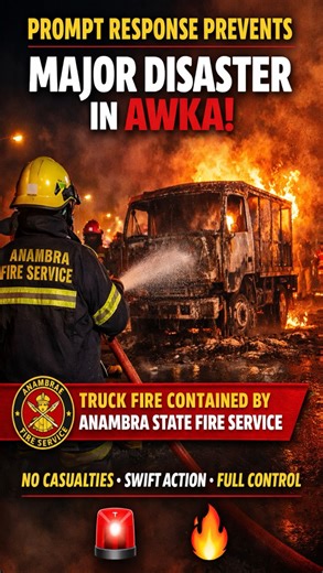 PROMPT RESPONSE PREVENTS MAJOR DISASTER IN AWKA 🚒🔥 Rapid intervention saved the day as the Anambra State Fire Service successfully put out a burning Dyna truck beside Winners Chapel along Oby Okoli Avenue, near Abakaliki Street Roundabout in Awka. The emergency call came in around 8:20pm, and firefighters wasted no time deploying to the scene with full equipment. Their swift action ensured the fire was contained to the truck and its contents, preventing damage to nearby buildings and businesse