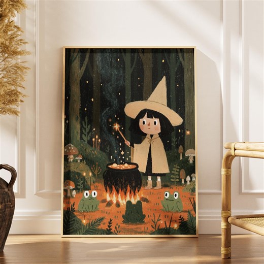 Cute Witch Halloween Poster, Whimsical Kids Room Wall Art, Cottagecore Witch Decor, Magical Forest Print - Etsy