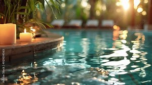 A calm poolside area featuring flickering candles and a beautiful sunset, creating a peaceful and inviting atmosphere.