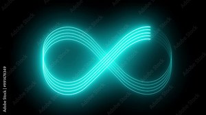 Infinity symbol appears of multiple glowing lines on black background from many lines. Lines draw moving infinity sign.