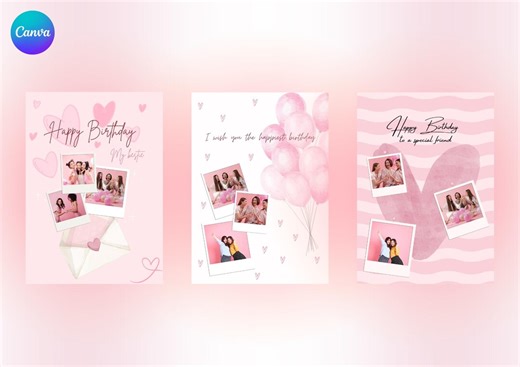 Pink Birthday Card Bestfriend | Card Bundle 3x | Digital Template Canva Printable - Etsy
