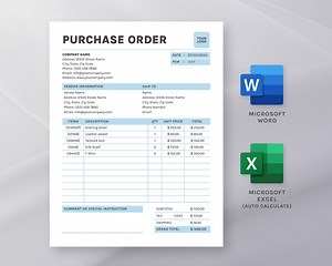 Purchase Order Template: Editable Form for Word & Excel - Etsy