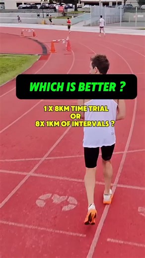 Depending on your training goals either one of these sessions could be what you need. 👉 1 × 8 km time trial: • Best for improving aerobic endurance and race-specific pacing. • Helps build mental toughness for sustained efforts. • Less overall intensity but more continuous work. 👉 8 × 1 km intervals (with rest in between): • Better for improving speed and VO₂ max (maximal oxygen uptake). • Allows you to run each rep at a faster pace than in a continuous 8 km run. • Builds strength and efficienc
