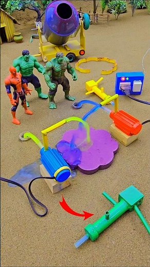 Mini double water pump science project with circle shape purple concrete, mixer diy tractor Part.172