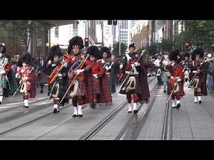MASSED PIPE BANDS RETURN TO THE CENOTAPH ANZAC DAY 2023