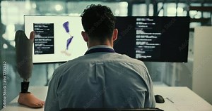 Robotics, development and man at computer screen with prosthetic leg, coding or innovation in laboratory. Future technology, medical engineering and programmer with data for artificial limb design