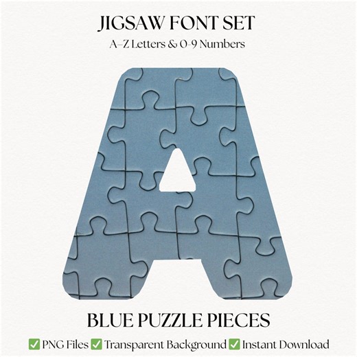 Blue Puzzle Font | Jigsaw Alphabet Letters & Numbers | PNG Clipart Lettering | Digital Download - Etsy