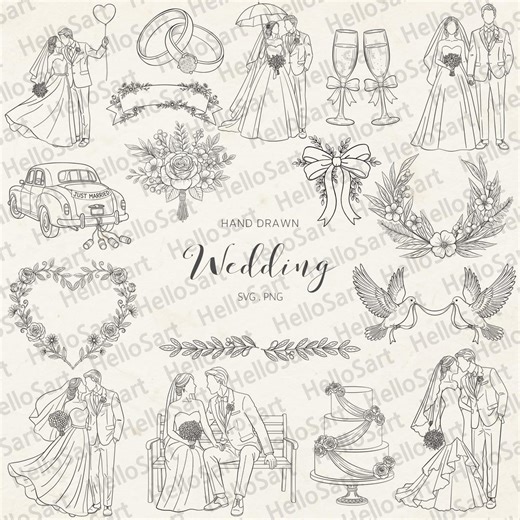 Hand Drawn Wedding Clipart | Romantic Bridal Illustrations, Floral Wreath (SVG, PNG Digital Download) - Etsy