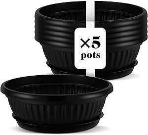 5 Sets Plant Pots 13 Inches Jumbo Plastic Flowers Garden Bowl Planter with Plant Saucers Large Black Wide Shallow Plant Pots with Drainage Holes Planter Bowl for Indoor Outdoor Flowers Herbs