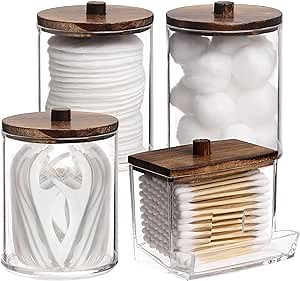 Tbestmax 4 Pack Qtip Holder Bathroom Container, 10/7oz Cotton Ball/Swabs Dispenser, Apothecary Jar with Bamboo Lids for Organizer and Storage (Brown)
