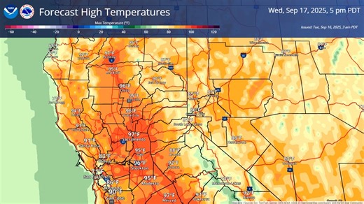 Warmest temperatures this week are expected today and Wednesday, with widespread high temperatures in the mid to upper 90s expected through the Valley. Temperatures then cool back to mid-September normals late week into the weekend 😎 | US National Weather Service Sacramento California