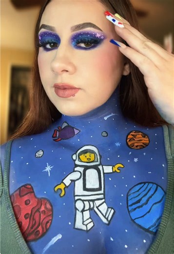 Lego x Space themed makeup 🚀🧑‍🚀🪐🌌 in honor of my little family going to Legoland & the new space rides! 😁☺️ #fyp #legos #creativemakeup #galaxy #bodypaint