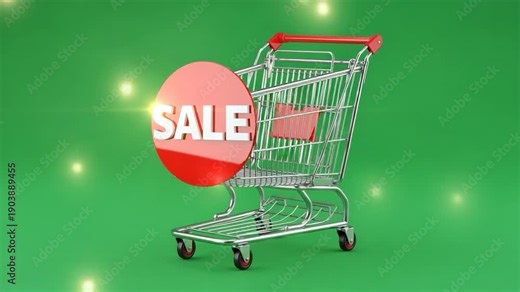 Shopping Cart with Sale Sign: A shiny shopping cart stands prominently against a vivid green backdrop, accented by a bold SALE sign, immediately signaling opportunities.