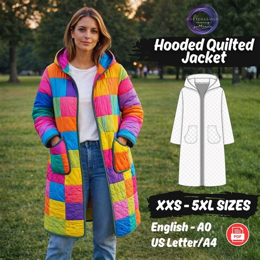 Hooded Jacket Sewing Pattern Women Quilted Coat Beginner Pattern XXS-5XL Patchwork Pockets Long Tunic - Etsy