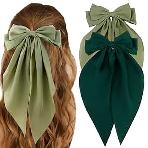 ATODEN Silky Satin Green Oversized Bowknot Bow Hair Accessories: 2 Pcs Large Hair Barrettes With Long Tails, Metal Clips for Aesthetic Girls