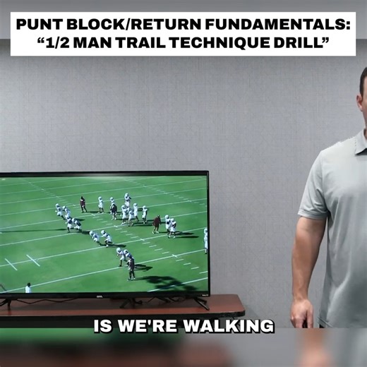 1/2 Man Trail Technique Drill Punt Block-Return Fundamentals and Practice Structure Begin with players on a line. Eyes on the hip of the man you're trailing. Thumb up, elbow in. Keep the relationship all the way down the field. When his hips sink, my hips sink. Maintain 1/2 man trail technique when player changes speeds. Patrick Dougherty, Special Teams Coordinator, Texas A&M #glazierclinics | Glazier Clinics