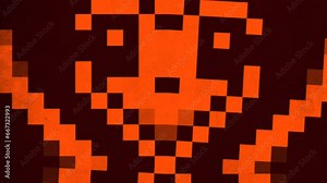 A pixelated face with glowing red eyes stares at the viewer, portrayed by small squares of color. The intense expression adds to the mysterious and intriguing vibe