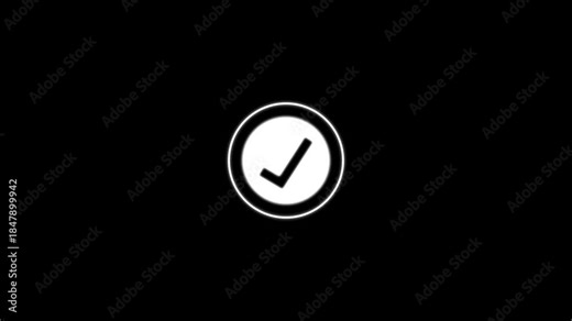 Tick mark icon for user approval confirmation and presentations. Digital tick mark animation checkmark symbol yes icon on black background.