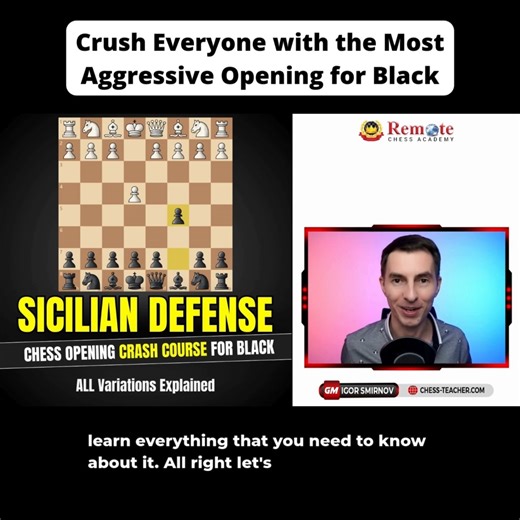 New Video Out! In this video lesson, GM Smirnov has broken down all the major variations of the Sicilian Defense so you can understand the core ideas behind each system. Whether you're playing it as Black or preparing to face it as White, this crash course will give you the clarity and confidence you need. Learn the chess principles that took GM Igor Smirnov from 1600 to 2260 ELO in just 1 year! Discover his proven methods for rapid improvement. Free training is available here: https://chess-tea
