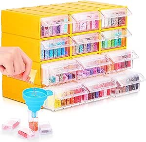 Tatuo 420 Slots Diamond Painting Storage Containers, 12 Pack 35 Grids Stackable Drawer Bead Organizer Diamond Embroidery Storage Box with Funnel and Labels for DIY Craft (Yellow)