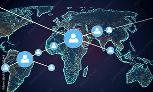 A digital world map with vibrant data points and connections, illustrating global networks.