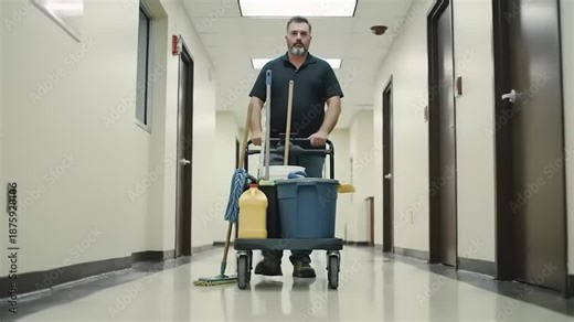 Janitor pushing cleaning cart down hallway.