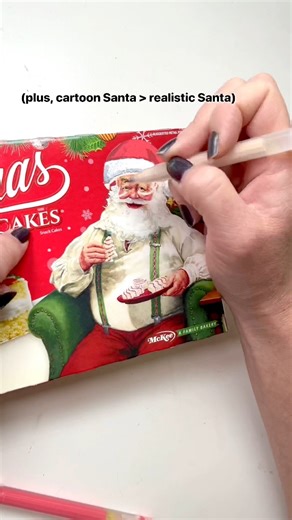 Just thought Little Debbie’s Santa needed a cartoony makeover. Which version do you like better?? #littledebbiechristmastreecakes #littledebbie #christmastreecakes #acrylicmarkers | Lettering by Karen
