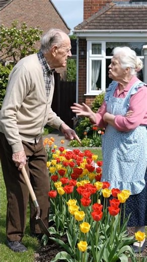 Untitled Little old man and little old lady neighbors feuding over tulips on property line