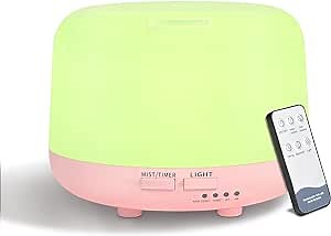 300ML Essential Oil Diffusesrs Remote Control, Aromatherapy Ultrasonic Diffuser, Cool Mist Aroma Humidfier Diffuser, 7 Color Changing LED Light, Auto-Off, Timer for Home, Room, Office, Kids.(Pink)