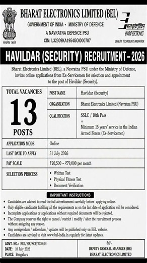 BEL Havildar (Security) Recruitment 2026 – Apply Online!