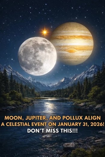 👉🌕✨ Moon, Jupiter, and Pollux Align – A Celestial Event on January 31, 2026! 🌌 On the evening of January 31, 2026, the sky will light up with a stunning cosmic display as the Moon aligns with both Jupiter, the largest planet in our solar system, and Pollux, a bright star in the Gemini constellation. 🌙🌟 The Moon will cast a soft, silvery glow, while Jupiter will shine with its characteristic golden hues, accentuated by its distinctive cloud bands. Nearby, the golden-orange star Pollux will a