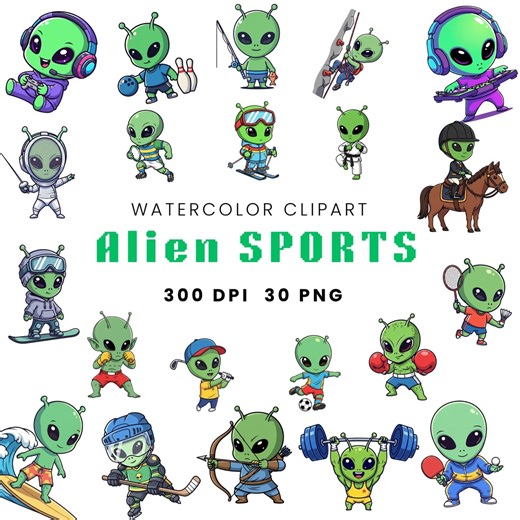 Alien Sports Clipart Bundle, Cute Kawaii Alien PNG, Cartoon Space Characters, Kids Clipart Set, Sublimation, Stickers, Digital Download - Etsy