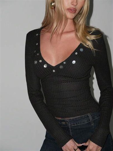 Women's Solid Color Button Decorated Long Sleeve Top,Black Top | SHEIN