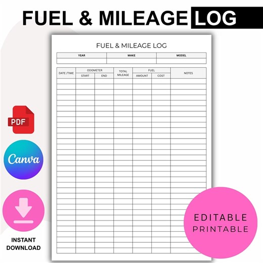 Mileage & Fuel Log Book Printable, Vehicle Expense Tracker, Car Mileage Log Sheet, Fuel Consumption Record PDF Download CANVA Templete - Etsy