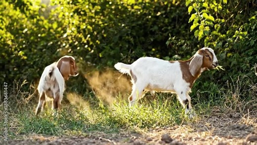 Two young goats playing and butting heads in a sunny field.