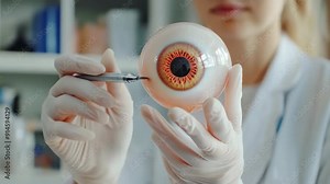 3d animation of a model of an eye in the hands of a scientist with a pen against the background of a laboratory