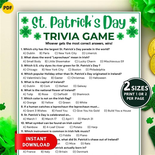 St. Patrick's Day Trivia Game, Printable St Patricks Day Games, Holiday Trivia Quiz, St Paddy's Game, St Patrick's Activity for Kids & Adult - Etsy