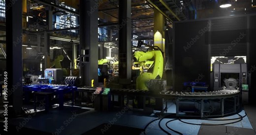 Advanced robotic arms are actively operating on an assembly line in a modern manufacturing facility. The layout features bright lights, machinery, and a complex setup.