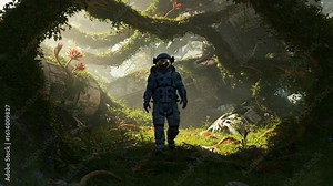 Astronauts Ethereal Journey: Exploring Lush Alien Jungle Amidst Overgrown Spaceship Wreckage.