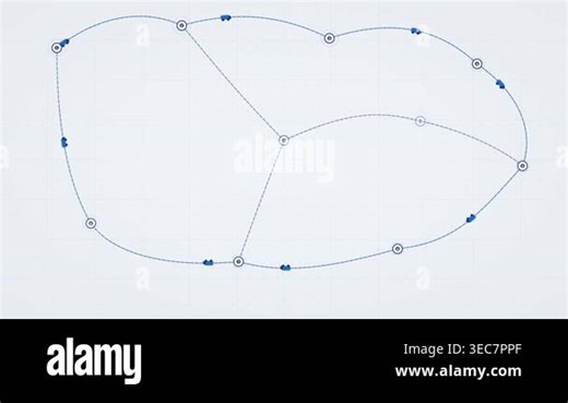 Digital interface featuring blue truck icons traveling along a networked path with numbered nodes over a light grid background symbolizing supply chain management and fleet logistics optimization Stock Video Footage - Alamy