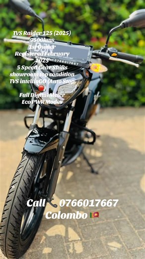#forsale #tvs #raider #tvsraider125cc #tvsraider TVS Raider 125 (2025) 9500kms 1st Owner Registered February 2025 5 Speed Gear Shifts showroom top condition TVS intellioGO (Auto Stop 🛑) Full Digital Meter Eco PWR Modes USB Charging Port Remaining 4 Years Company Warranty with service record book Available Catalog book Recently 4th service done at 9406kms 2 Keys 🔑 Available Clear documents