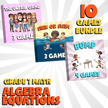 10 No Prep Math Games Bundle B - Algebra Equations - Grade 7 Review Activity