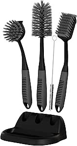 Dish Brush Set of 5 with Holder - Kitchen Scrub Brushes with Non-Slip Long Handle for Cleaning, Scrubber, Dishwashing, Dishes, Bottles, Straws, Cups, Pots & Sink, Black