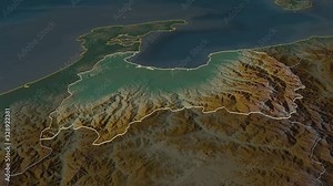 Toyama, prefecture with its capital, zoomed and extruded on the relief map of Japan in the conformal Stereographic projection. Animation 3D