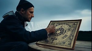 The navigator consulting a star chart and noting the position of different constellations to calculate their location.